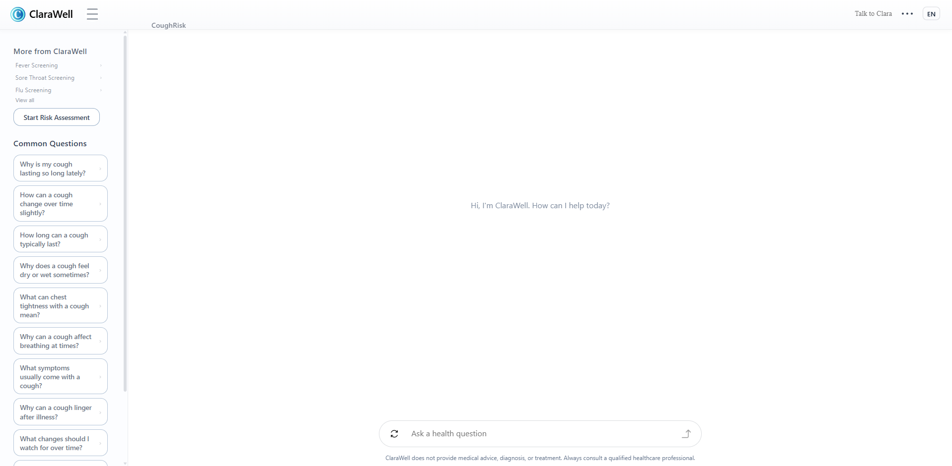 Desktop view of the original CoughRisk public entry point.